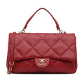 Previously Owned Authenticated Chanel Small Easy Carry Flap Bag Lambskin Leather Red Satchel Unisex (Good)