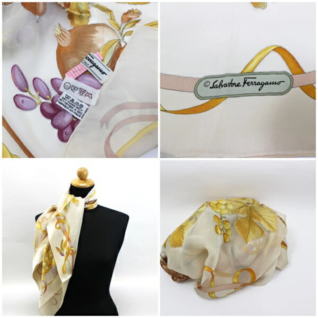 Used Salvatore Ferragamo Viscose x Silk Scarf Muffler Fruit Pattern Cream For Her (Good)