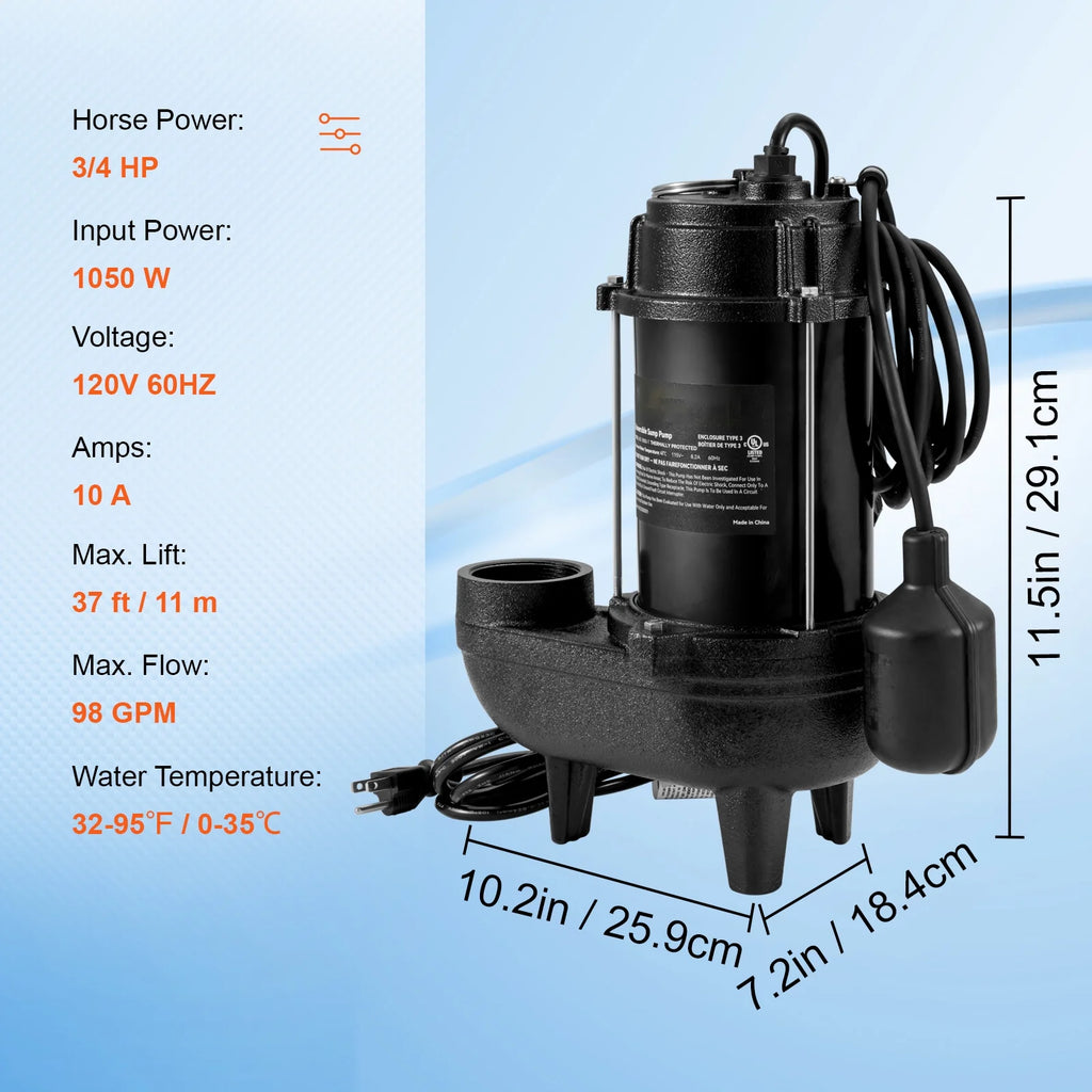 BENTISM Sewage Pump, 3/4 HP 5880 GPH 1050W, Submersible Cast Iron Ejector, with 2" Discharge and 10 ft Piggy-back Automatic Tether Float Switch, for Septic Tank, Basement, Residential Sewer Effluent