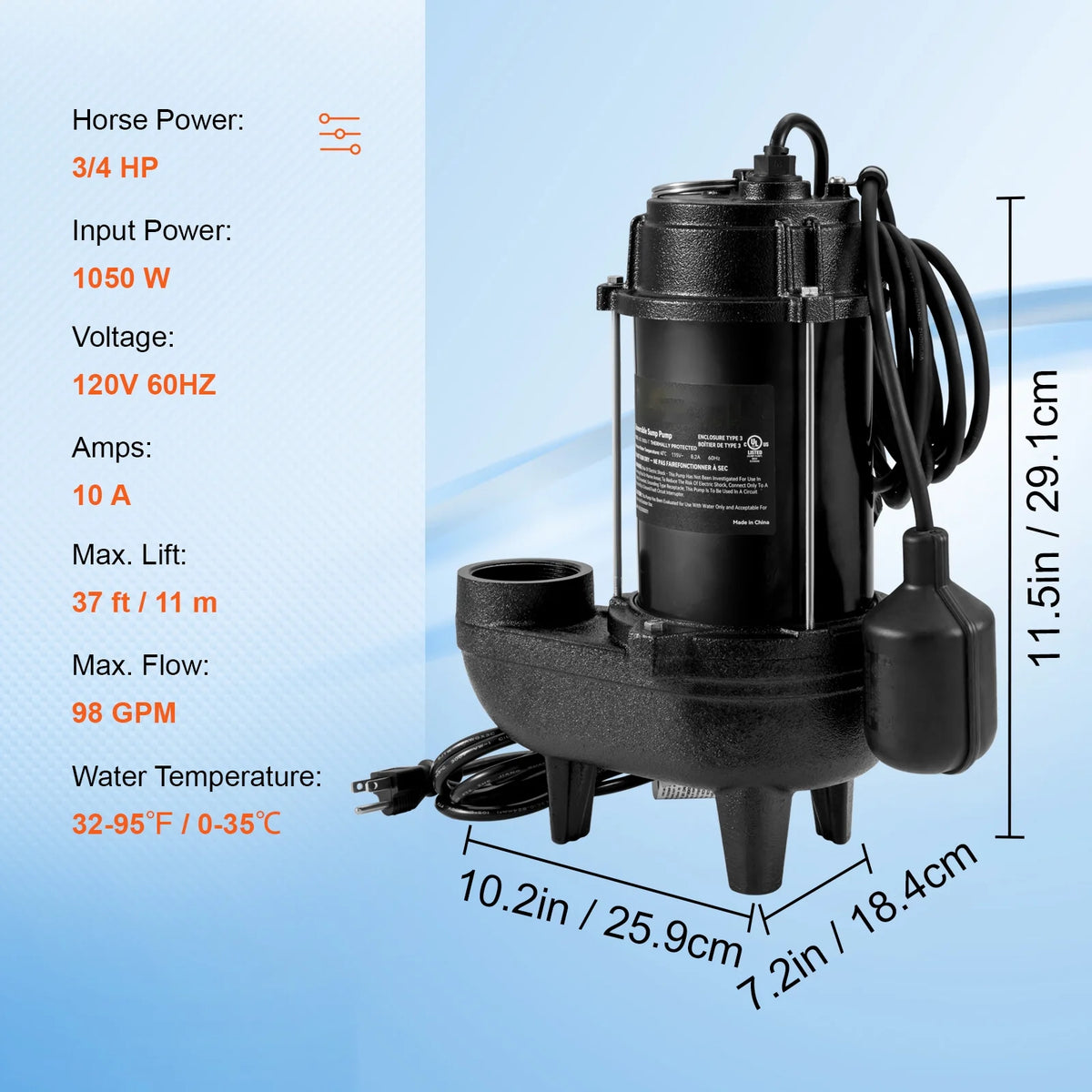 BENTISM Sewage Pump, 3/4 HP 5880 GPH 1050W, Submersible Cast Iron Ejector, with 2" Discharge and 10 ft Piggy-back Automatic Tether Float Switch, for Septic Tank, Basement, Residential Sewer Effluent