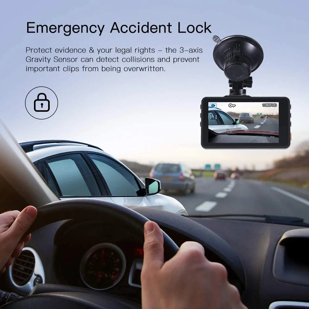 Dash Cam 1080P Full HD Front and Rear 3 Inch Car Cam 170°Wide Angle Screen, Black