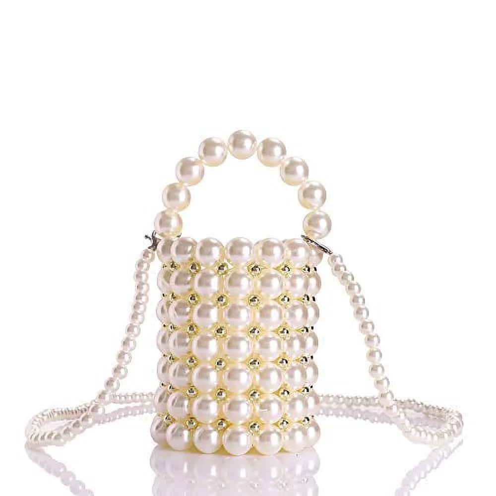 Beaded Handbag for Women White Pearl Decoration Evening Bags with Detachable Chain Inner Bag Medium