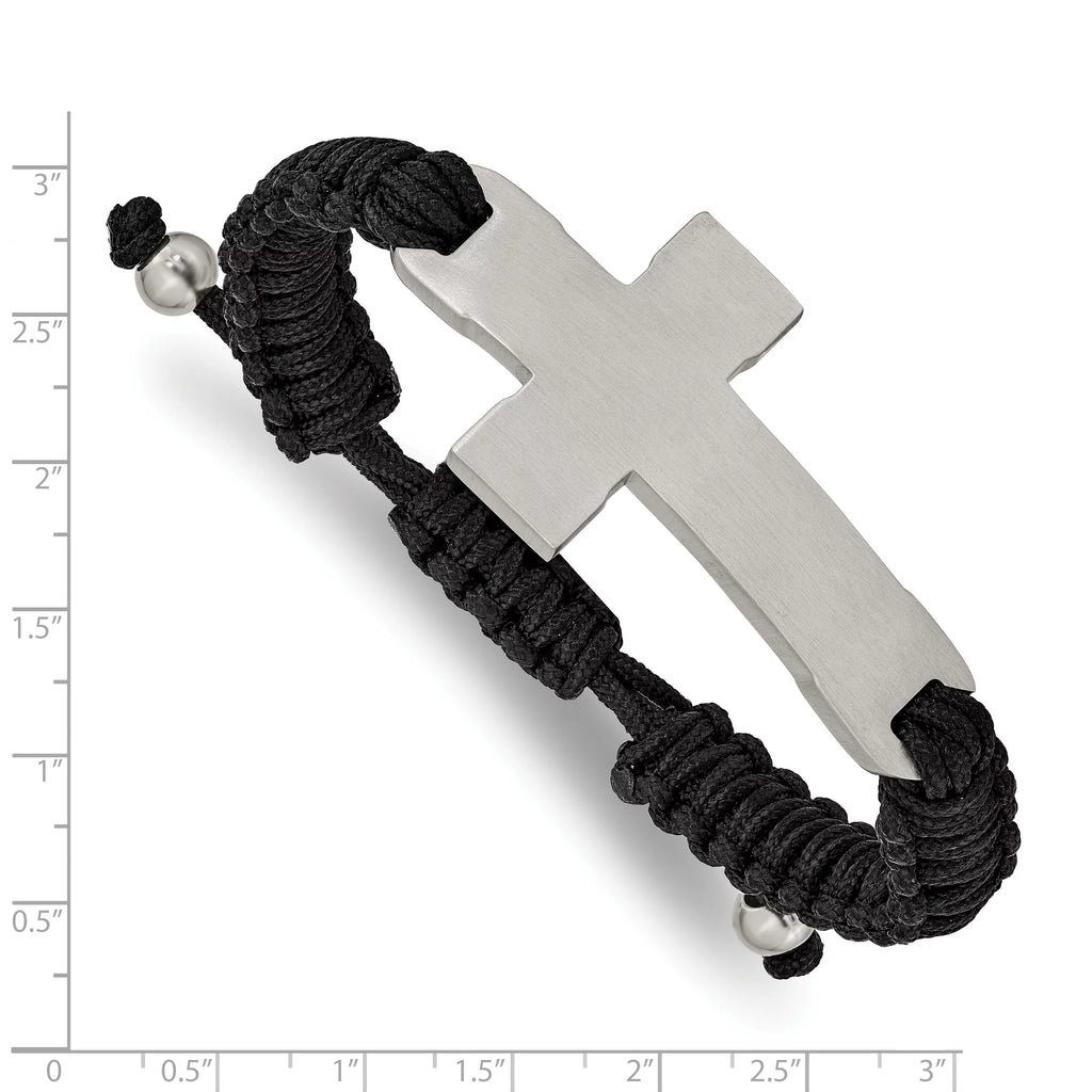 Primal Alloy Rust-resistant Alloy Brushed and Polished Black Nylon Adjustable Cross Bracelet