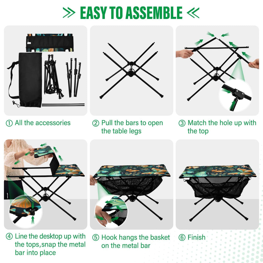 Butterfly Floral Leave Camping Folding Table Portable Beach Table with Storage Bag Compact Picnic Table for Outdoor Travel Fishing BBQ