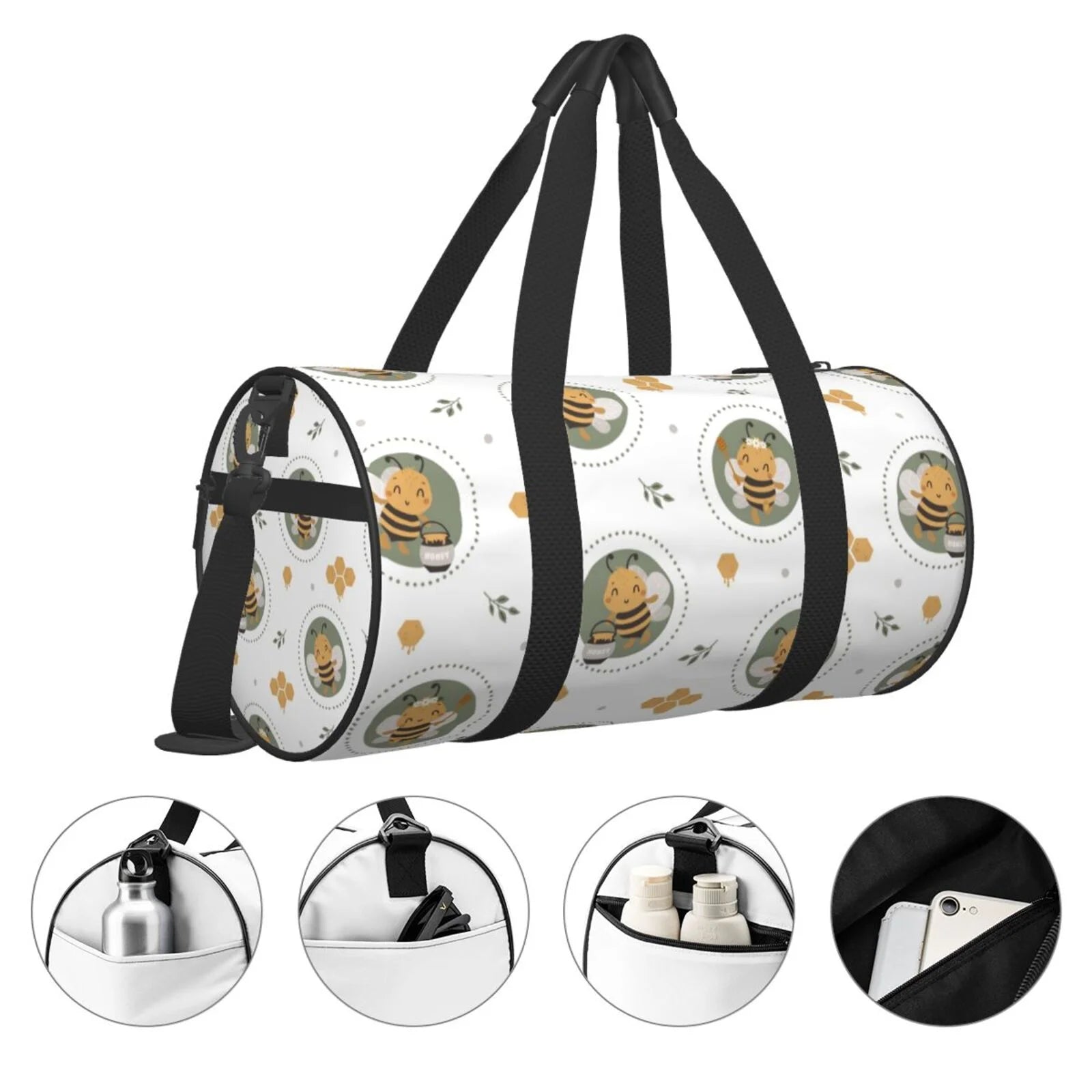 XMXT Unisex Large Sports Tote Gym Bag for Women, Cute Bee Honey Print Weekenders Bags Travel Bag
