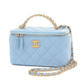 Previously Owned Chanel Logo Handle Vanity Shoulder Bag Caviar Skin Blue Gold Hardware AP2805 (Good)