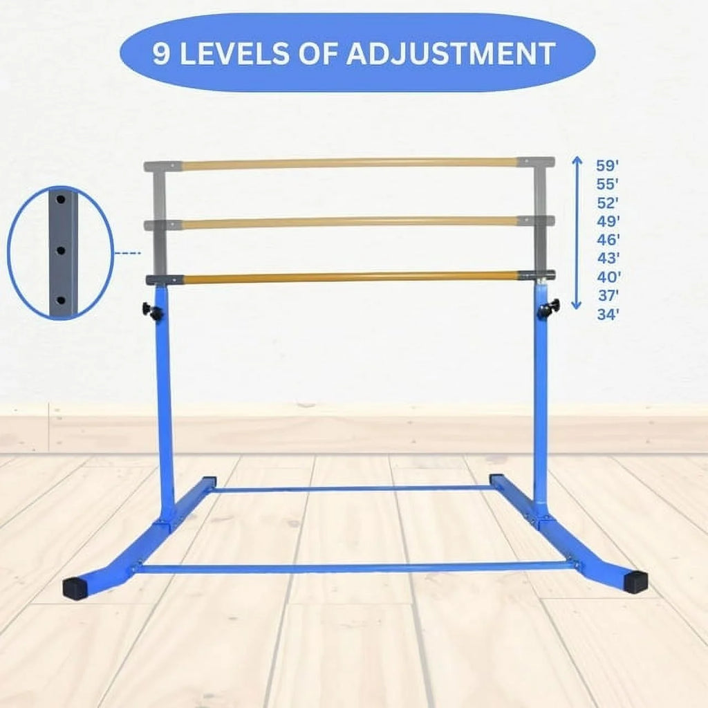 Adjustable Kids Gymnastics Kip Bar, 3-5 FT Height, Robust Legs, Blue - Junior Home Training Equipment