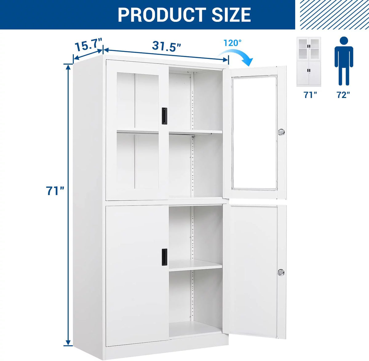 STANI 71" Metal Storage Cabinet Alloy Office Storage Locker,Locking Tool Cabinets with Glass Doors for Office,Home,- Assembly Required