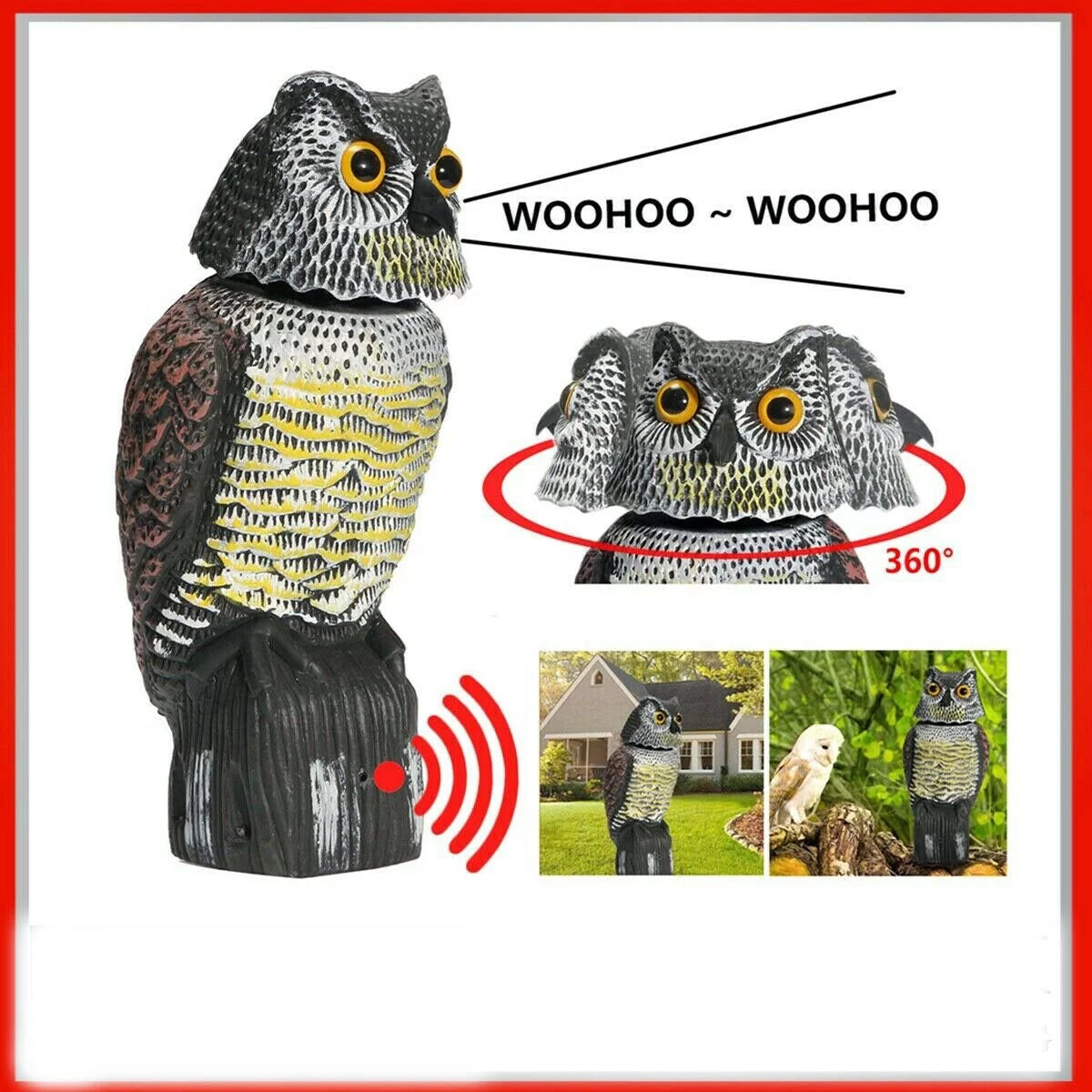 Owl Decoy 360 Rotate Head to Scare Birds, Scarecrow Owl Decoy Statue Realistic Scary Sounds & Shadow Fake Owl Outdoor Pest Bird Deterrent for Patio Yard Garden Protector