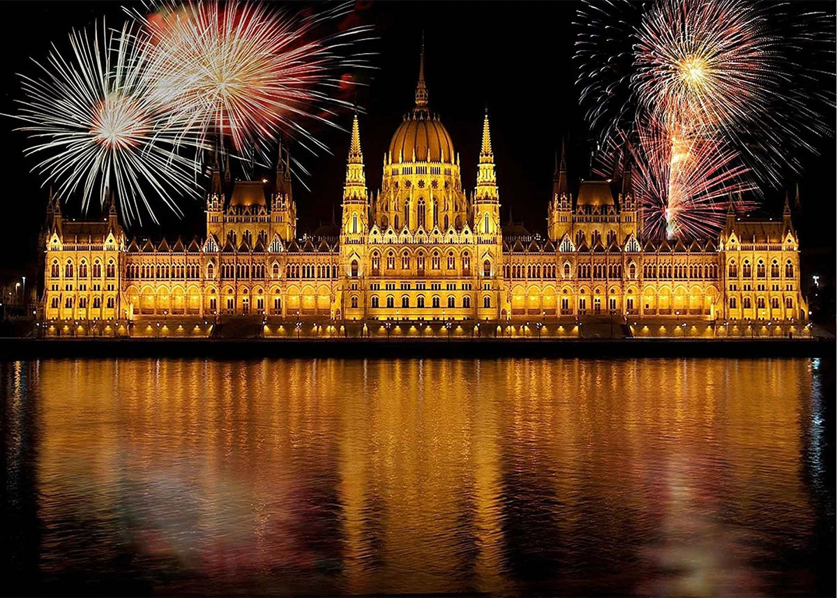 MOHome 7x5ft The View of The City Backdrop Night Lights Illuminate Castle River Water Fireworks Bloom Background Photo Booth Studio Props Party Background