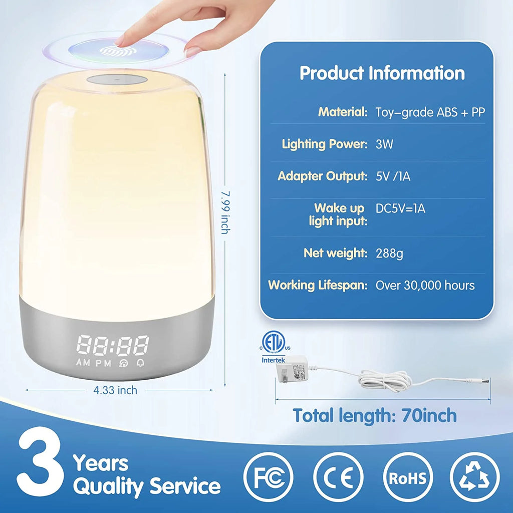 Sunrise Simulation Alarm Clock Wake Up Light for Heavy Sleepers Adults, Dimmable Sun Lamp Kid Bedroom Nursery Bedside Night Light Sleep Aid, 7 RGB Lights, 7 Natural Sound Alarms, Snooze Timer
