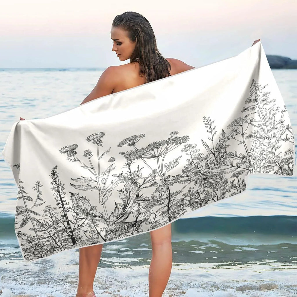 Bestwell Black and White Flowers Beach Towel - Lightweight Compact Oversized Travel Towels - Super Absorbent Quick Dry Towel for Swimming Camping Holiday（486）