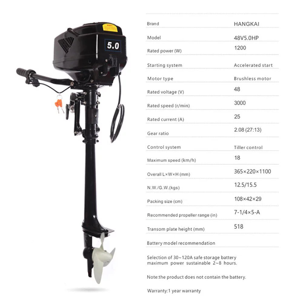 HANGKAI Electric Outboard Motor 1200W  Pure Copper Core Brushless Motor Fishing Boat Engine Long Shaft 48V Omni-directional Rotary Joystick W/ 90° Rotatable Bracket Fishing Boat Trolling