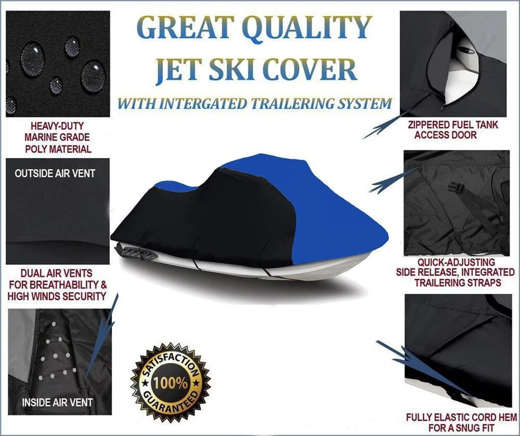 BLACK / BLUE HEAVY-DUTY, PWC 600D JET SKI Cover Compatible for Yamaha VXS 2011 2012 2013 2014