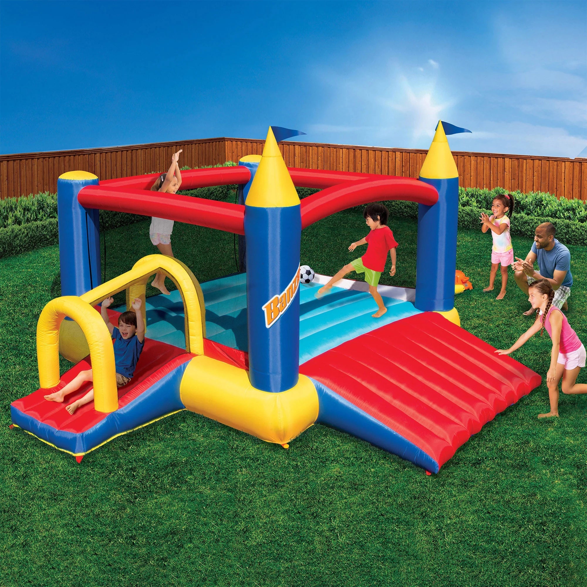 Banzai Slide N’ Fun Complete Bounce House Set with 2 Slides and Air Blower