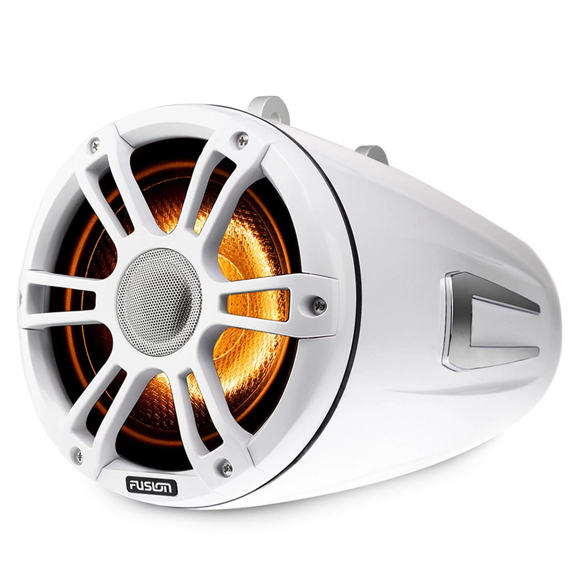 Fusion SG-FLT772SPW 7.7'' Sports White Tower Speaker with Swivel Clamps and SG-DA41400 4-Channel Amplifier