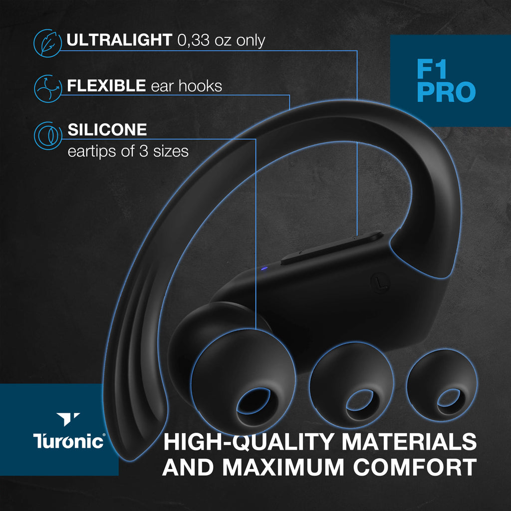 Turonic F1 Pro - True Wireless Earbuds - 45H Playtime, Charging case, Mic, IPX7 Waterproof Bluetooth Headphones w/Microphone - Sport Wireless Earphones with Earhook for Gym, Running, Workout - Black
