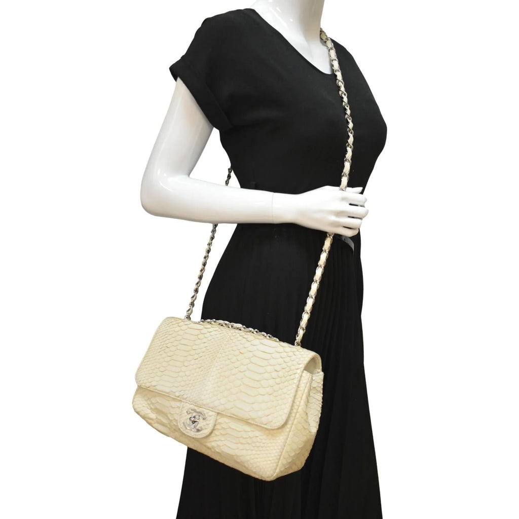 Used CHANEL Flap Python Leather Crossbody Bag Ivory