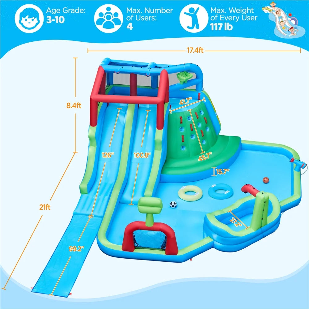 Alden Design Double Lane Inflatable Water Slide for Kids Aged 3 To 10 with Basketball Hoop & Climbing Wall, Green