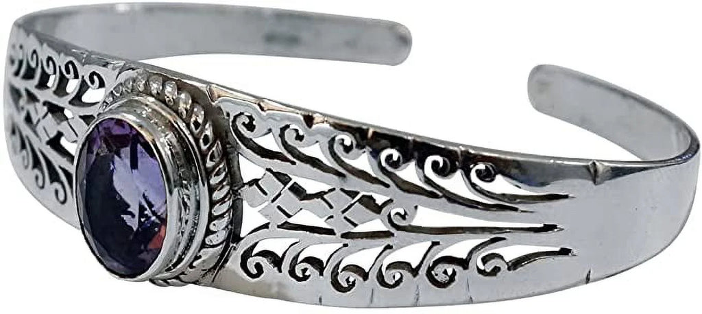 Genuine Purple Amethyst Gemstone Handmade Cuff Bracelet for Men Women, Genuine 925 Sterling Silver Fashion Bracelets, Adjustable Designer Jewelry for Gifts