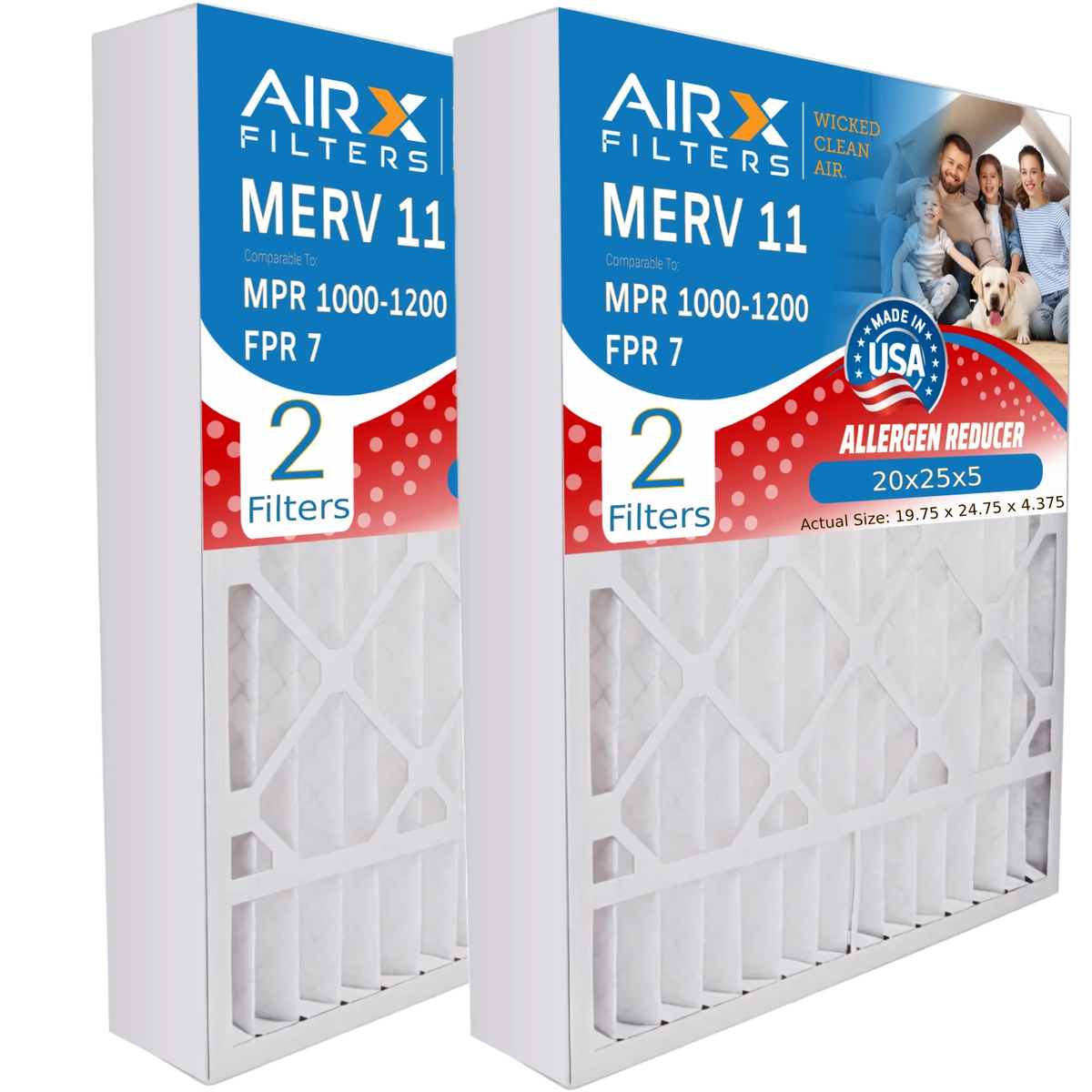 20x25x5 Air Filter MERV 11 Comparable to MPR 1000, MPR 1200 & FPR 7 Compatible with White Rodgers FR2000U-108 Premium USA Made 20x25x5 Furnace Filter 2 Pack by AIRX FILTERS WICKED CLEAN AIR.
