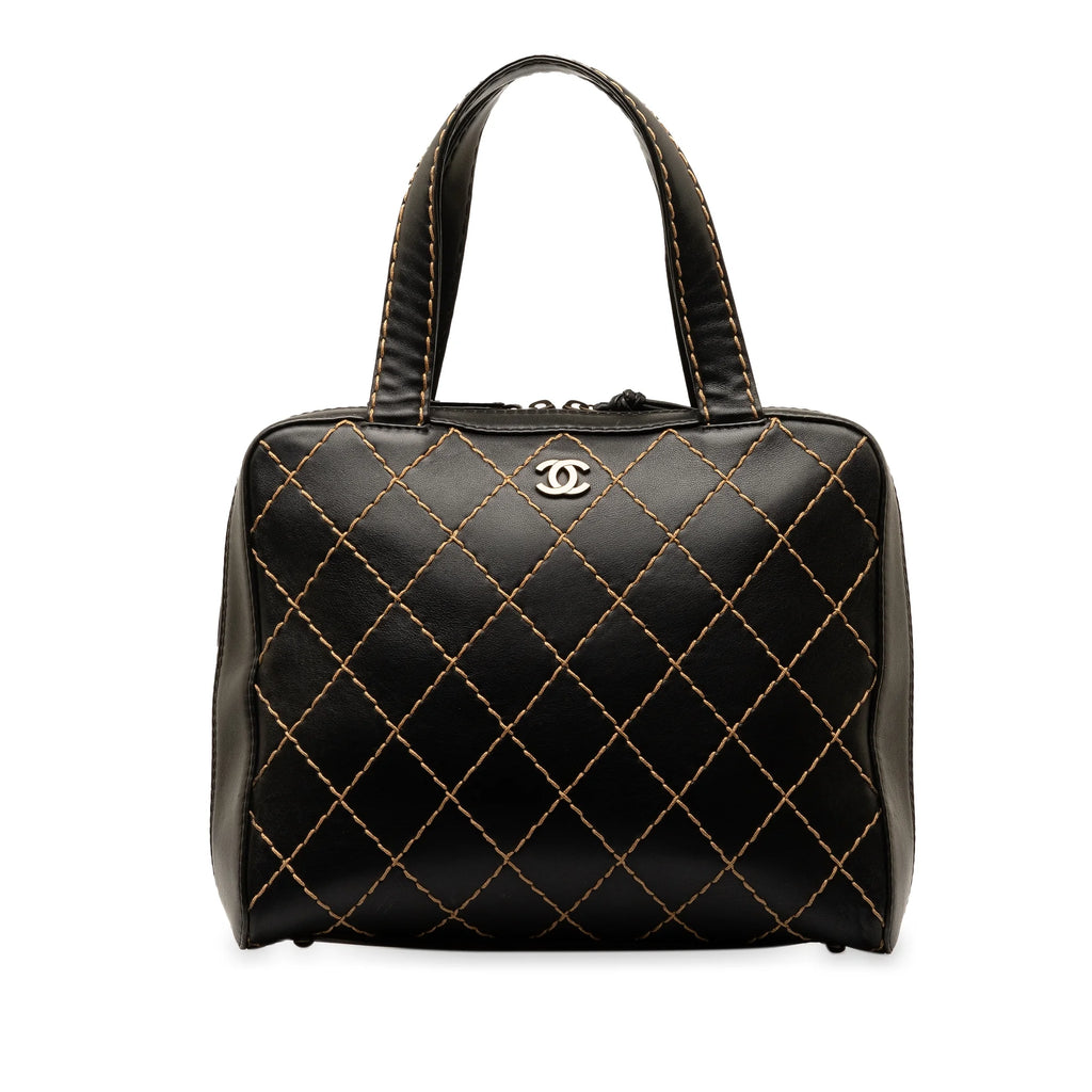 Used Authenticated Chanel CC Wild Stitch Handbag Lambskin Leather Black Top HandleBag Unisex (Good)