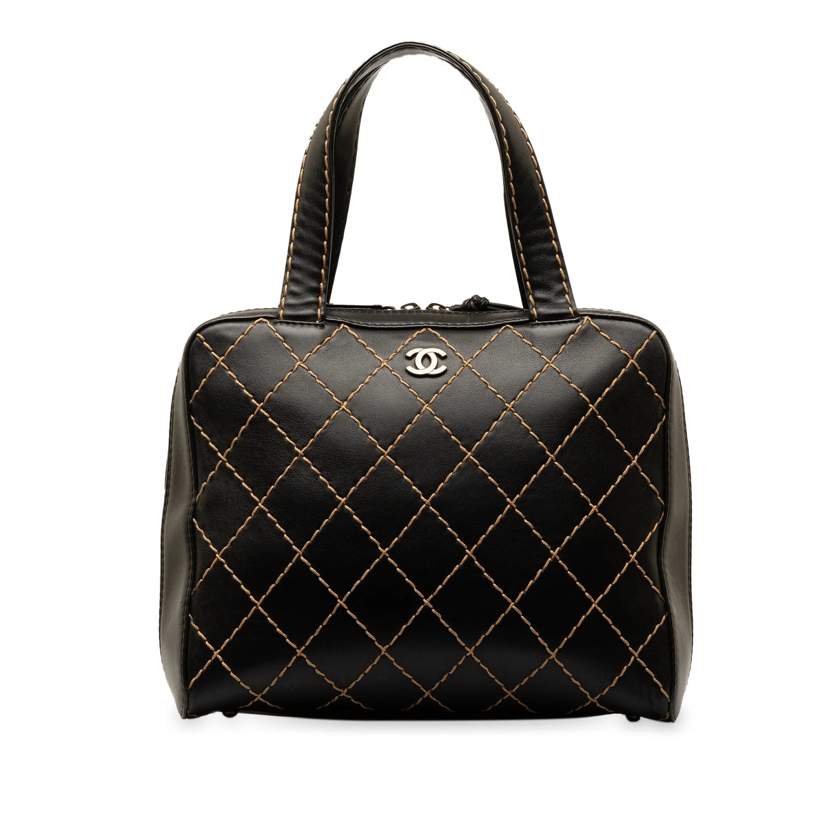 Used Authenticated Chanel CC Wild Stitch Handbag Lambskin Leather Black Top HandleBag Unisex (Good)