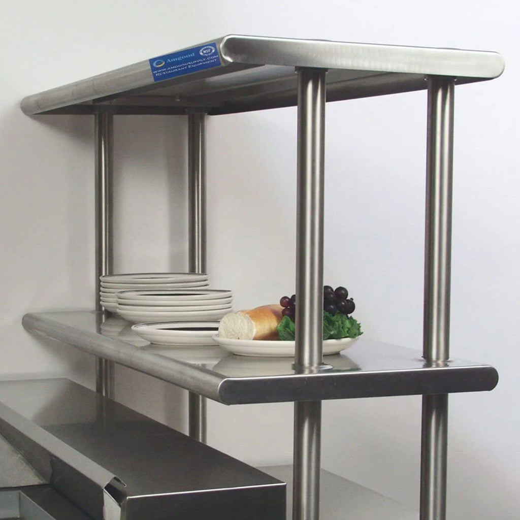 30" x 30" Open Base Corrosion-free Alloy Work Table With 12" Wide Double Tier Overshelf | Metal Kitchen Prep Table & Shelving Combo