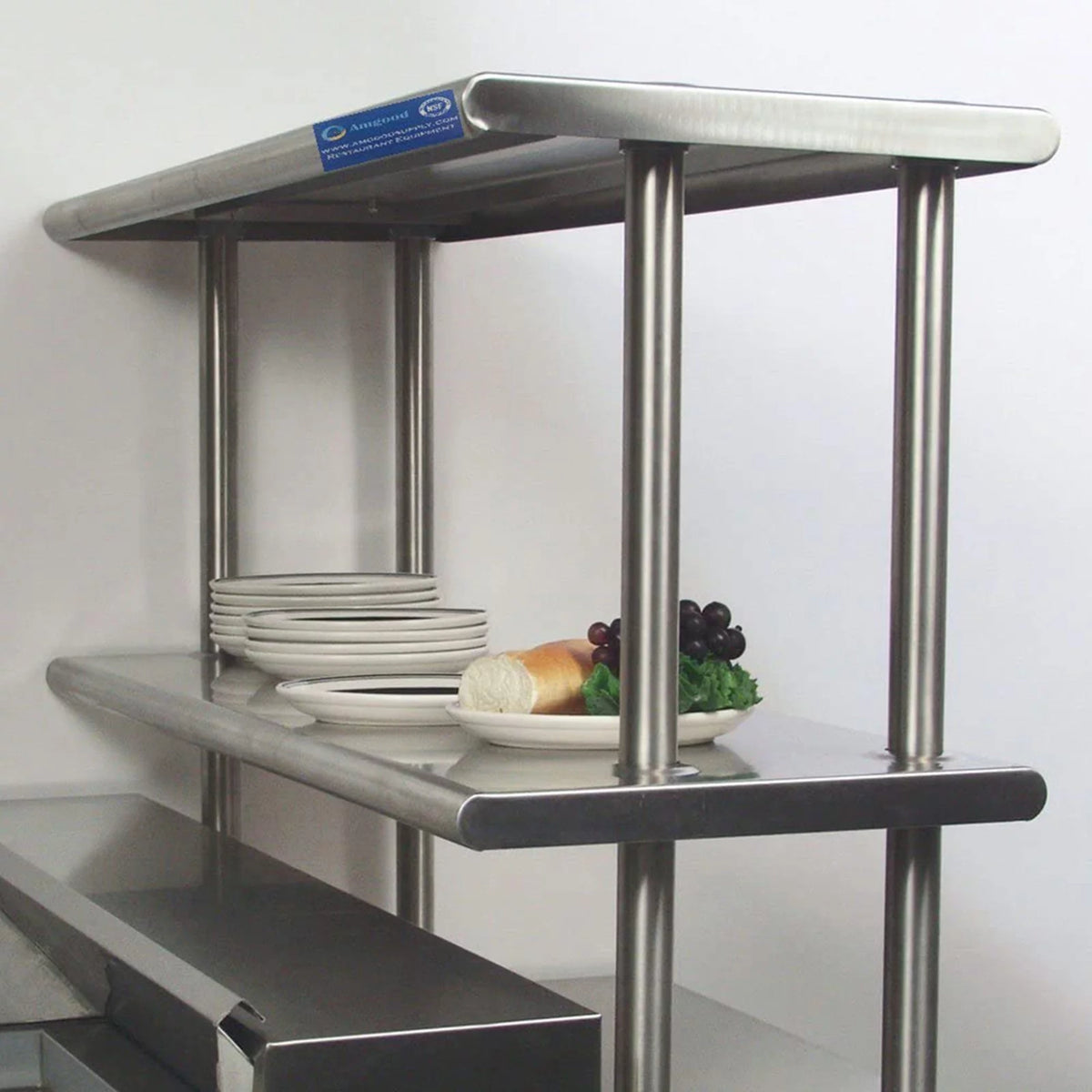 30" x 30" Open Base Corrosion-free Alloy Work Table With 12" Wide Double Tier Overshelf | Metal Kitchen Prep Table & Shelving Combo