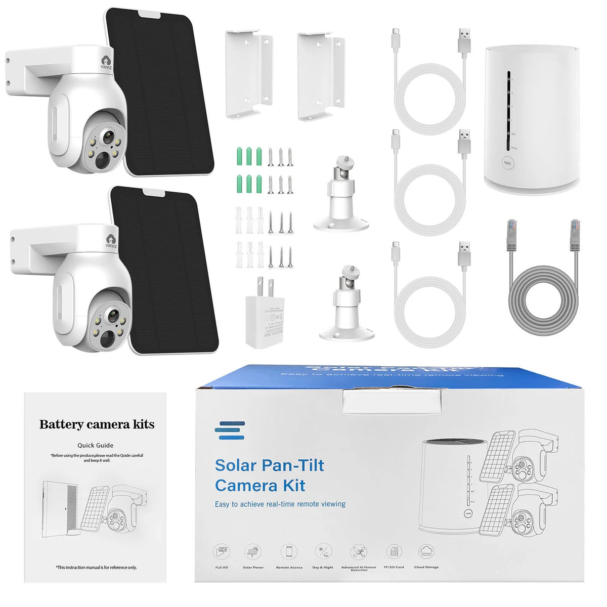 VIKVIZ CCTV System 2Pcs 4MP Rechargeable Battery WiFi PTZ IP Camera Kit with Solar Panels,4CH Base Station,Wireless Technology,Night Vision,Motion Detection