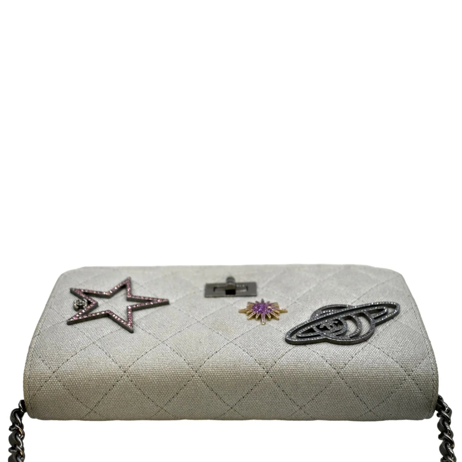 Previously Owned CHANEL Classic 2.55 Reissue Space Charm Quilted Canvas WOC Crossbody Bag Light Grey