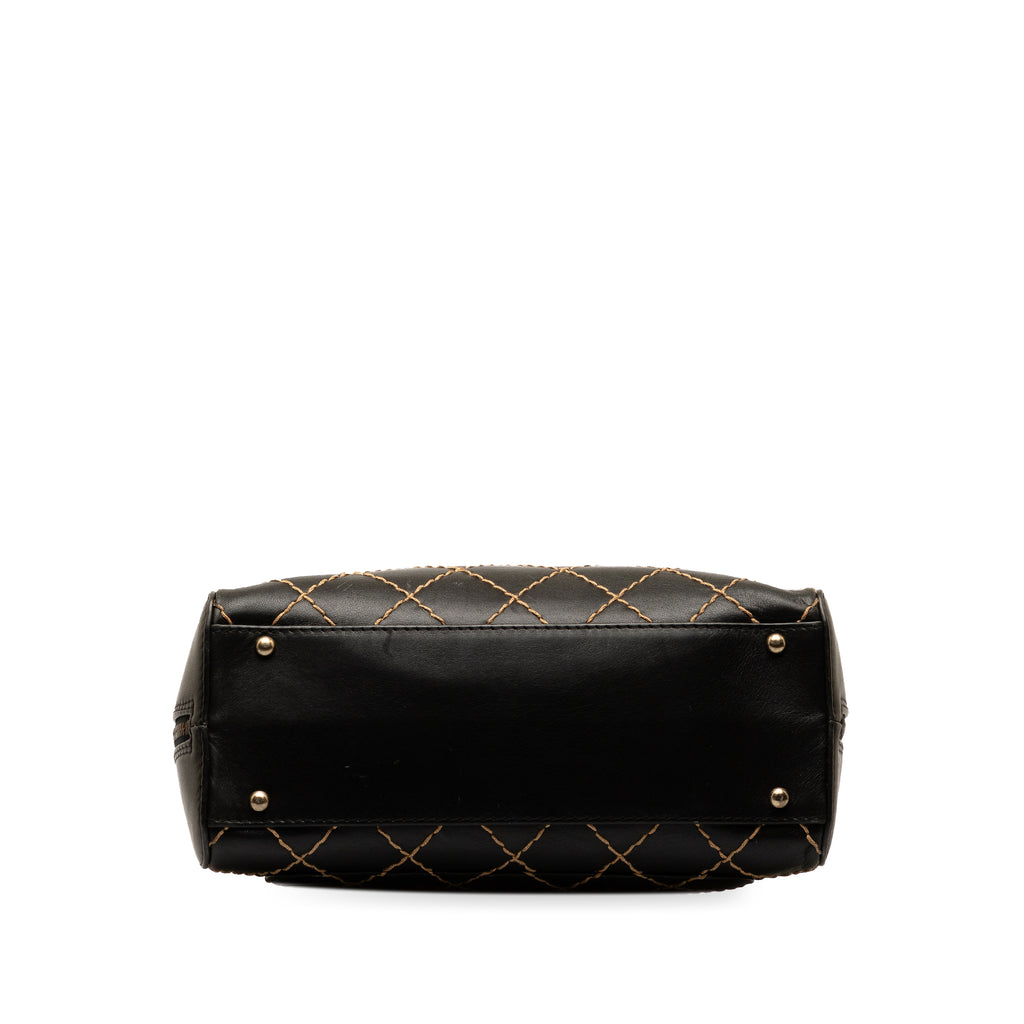 Used Authenticated Chanel CC Wild Stitch Handbag Lambskin Leather Black Top HandleBag Unisex (Good)