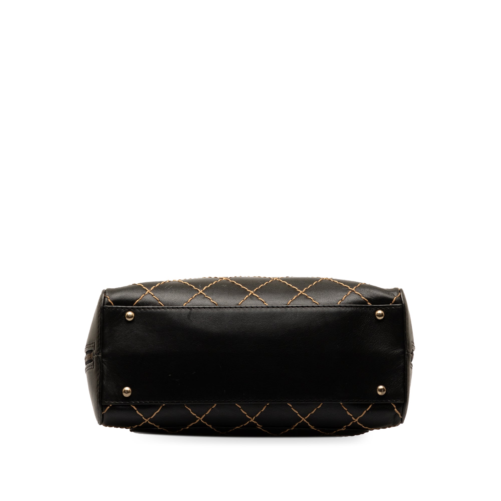 Used Authenticated Chanel CC Wild Stitch Handbag Lambskin Leather Black Top HandleBag Unisex (Good)