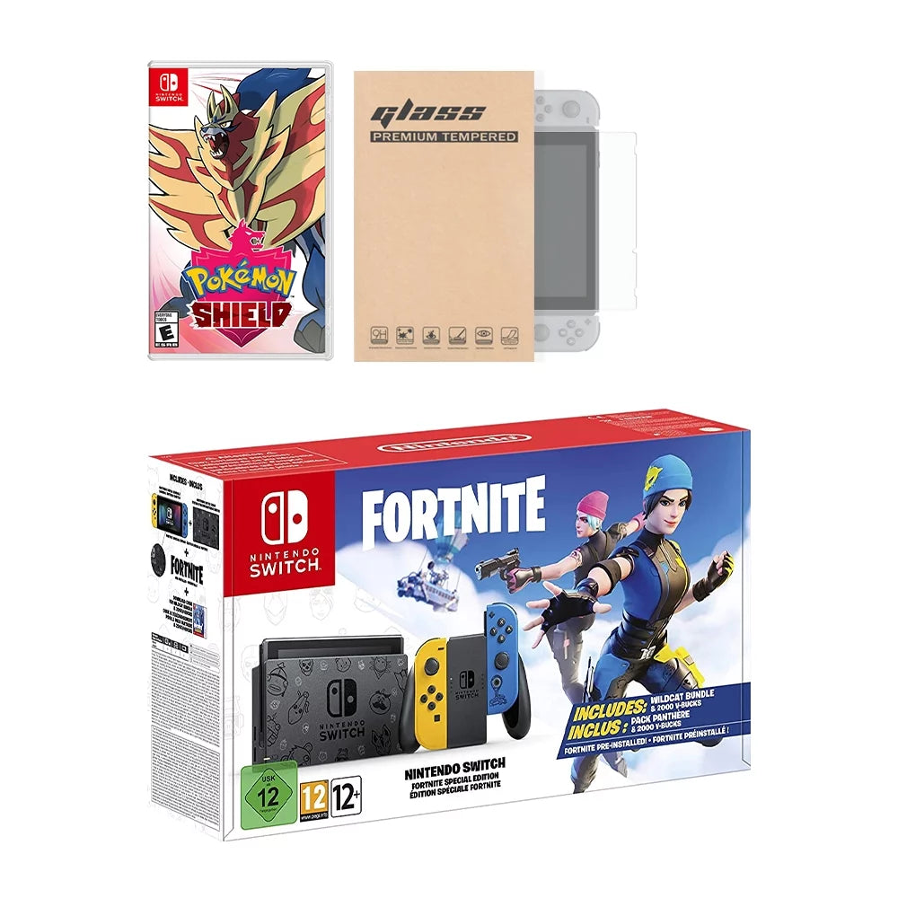 Nintendo Switch Fortnite Wildcat Edition and Game Bundle: Limited Console Set, Pre-Installed Fortnite, Epic Wildcat Outfits, 2000 V-Bucks, Pokemon Shield, Mytrix Tempered Glass Screen Protector