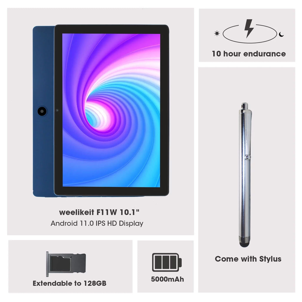 weelikeit Tablet 10 inch Android 11 Tablet with AX WiFi6,3GB RAM 32GB ROM Storage Tablet PC, 1280x800 IPS Display, 5MP+8MP Camera, Bluetooth 5.0, with Stylus(Blue)