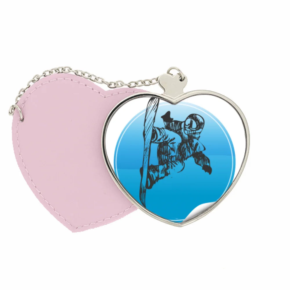 Winter Sport Skis and Ski Poles Pattern Mirror Travel Purse Makeup Heart Pink