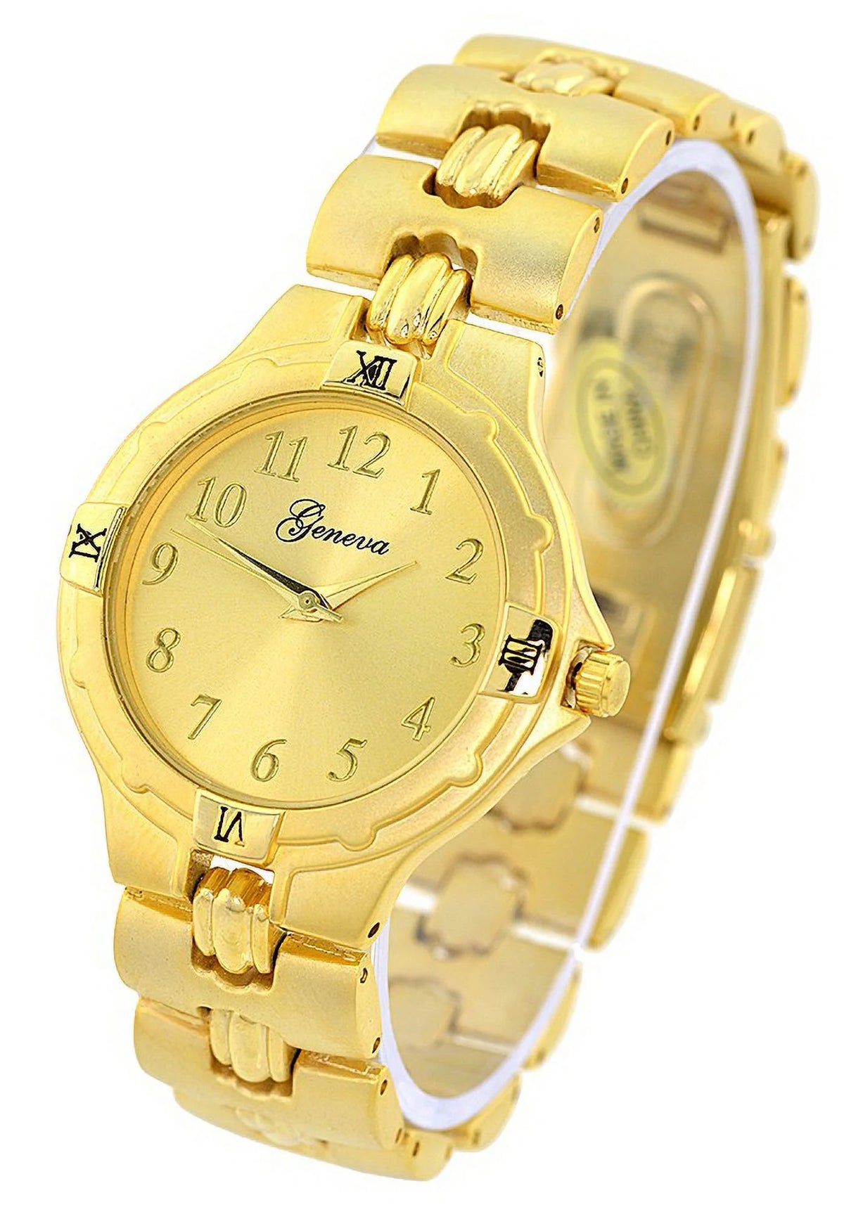 Ladies Silver-Tone Fashion Desiger Styling watch 38mm 7.5 thick case. Gold-Tone dial, 17mm wide Gold-tone metal link bracelet fits 7.5 wrists