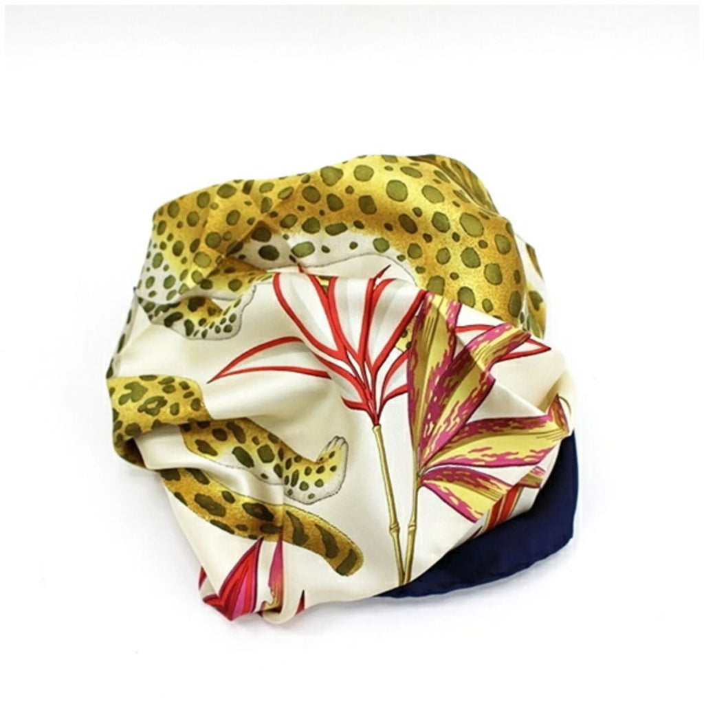 Secondhand Salvatore Ferragamo Silk Scarf Muffler Navy x Multicolor Leopard Print For Her (Good)