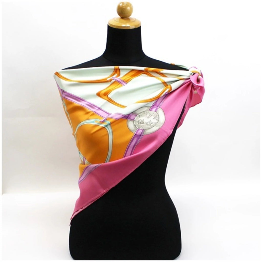 Secondhand Celine scarf muffler pink x multicolor harness pattern CELINE ladies horsebit (Like New)