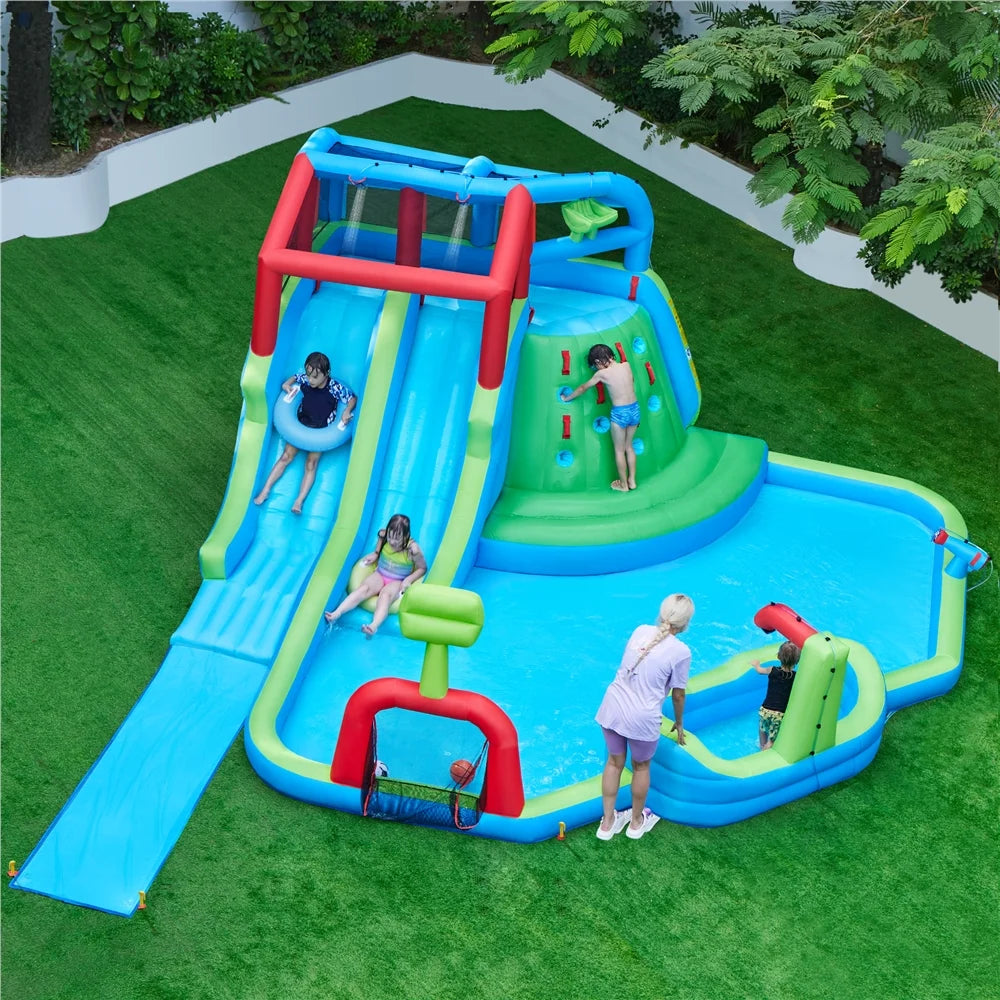 Alden Design Double Lane Inflatable Water Slide for Kids Aged 3 To 10 with Basketball Hoop & Climbing Wall, Green