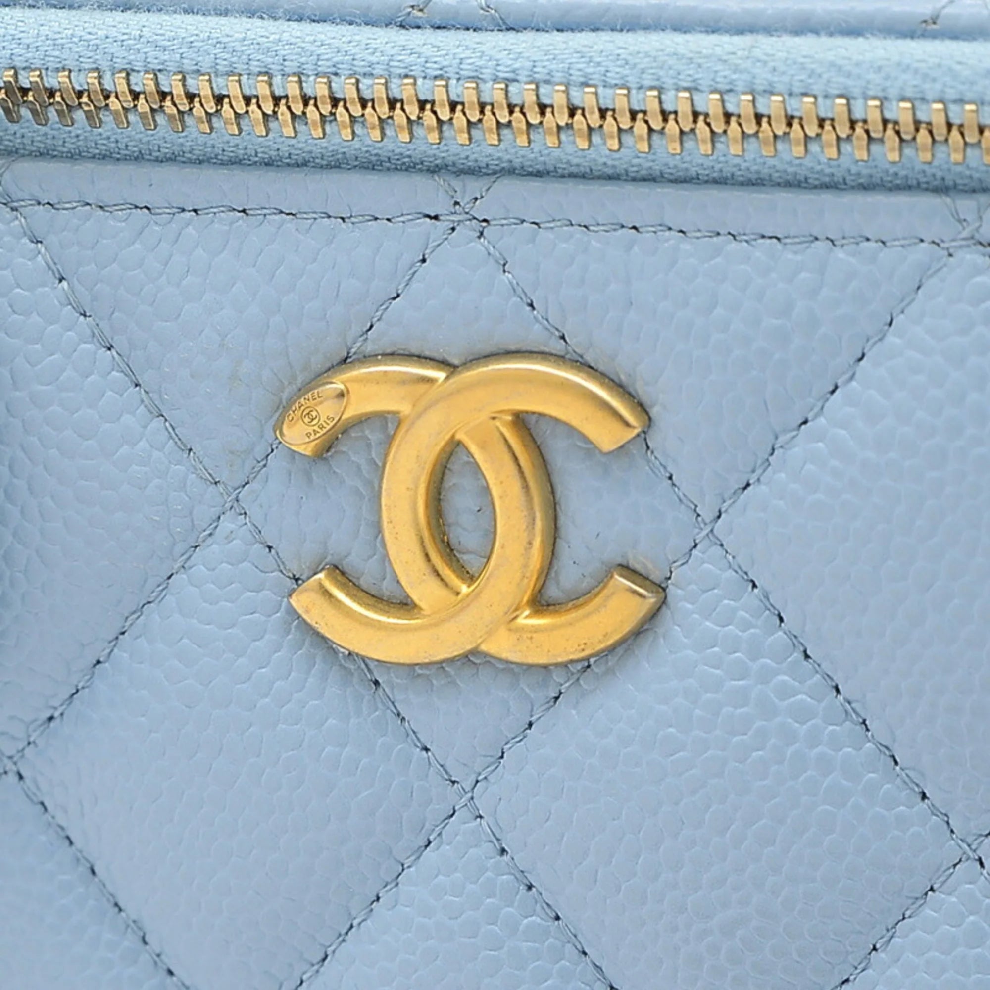 Previously Owned Chanel Logo Handle Vanity Shoulder Bag Caviar Skin Blue Gold Hardware AP2805 (Good)