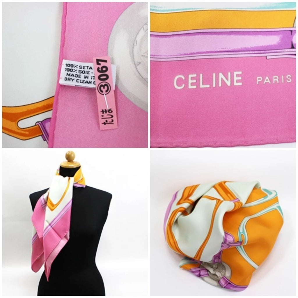 Secondhand Celine scarf muffler pink x multicolor harness pattern CELINE ladies horsebit (Like New)