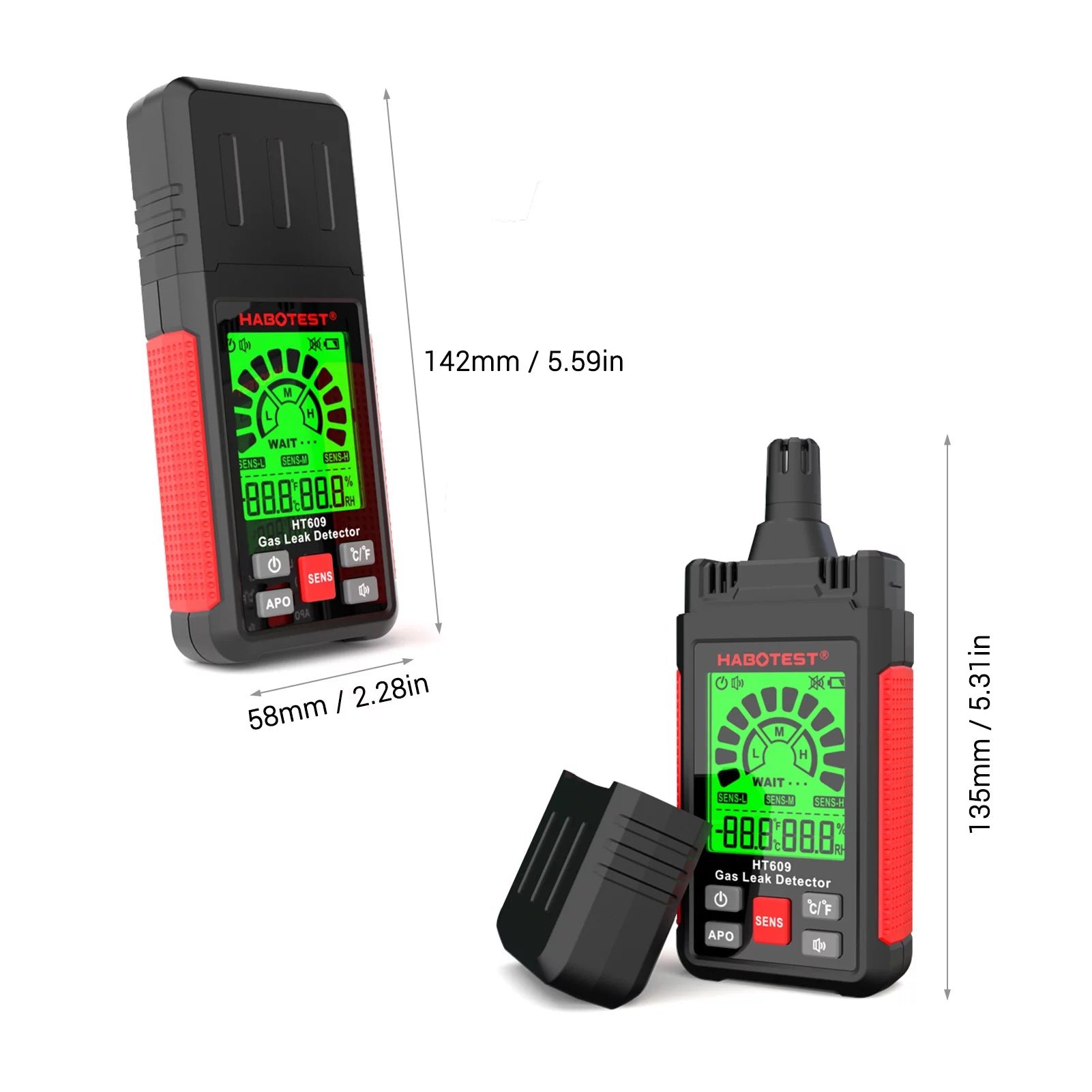 HABOTEST HT609 Gas Leak Detector Combustible Gas Detector with LCD Display Audible and Visual Alarm Ambient Temperature and Humidity Methane Natural Gas Hydrogen Detector