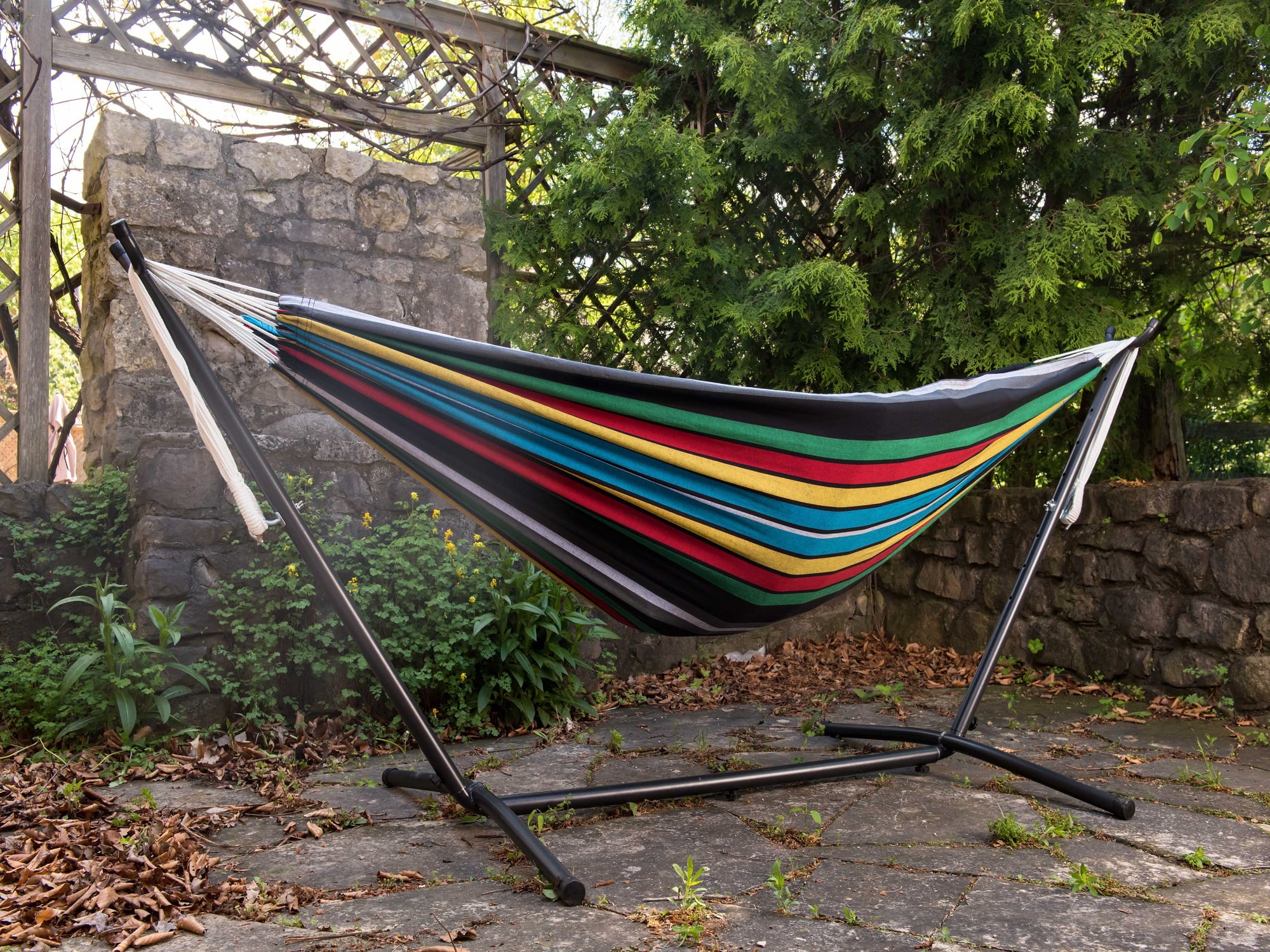 The Hamptons Collection 110” Black and Blue Striped Brazilian Style Hammock with a Metal Hammock
