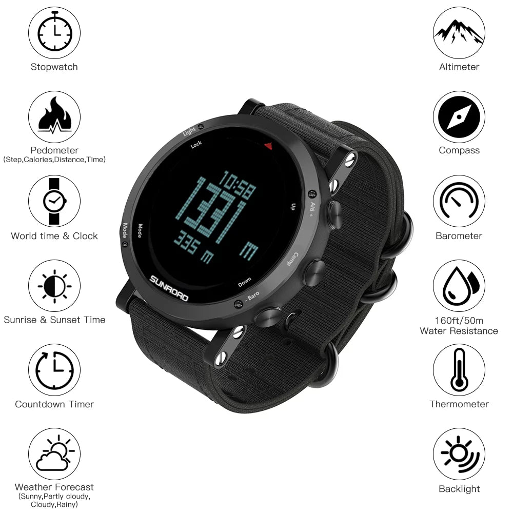 SUNROAD Barometer Altimeter Compass Thermograph Weather Forecast Men Watch 50meters Water-resistant Multifunctional Sports Watch for Mountaineering Running Trekking Camping