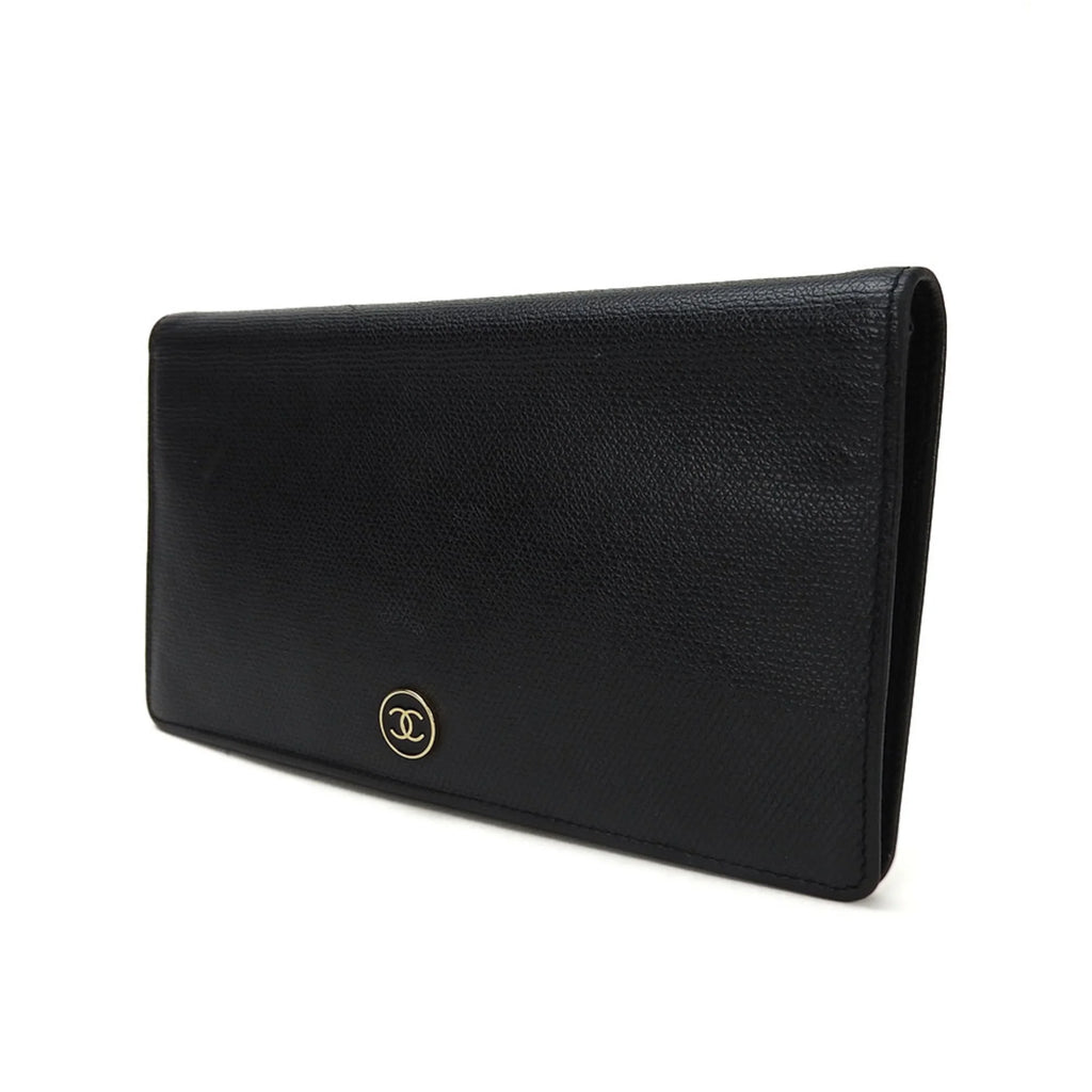 Secondhand CHANEL bifold long wallet A20904 1 Coco button black leather accessories ladies coco (Good)