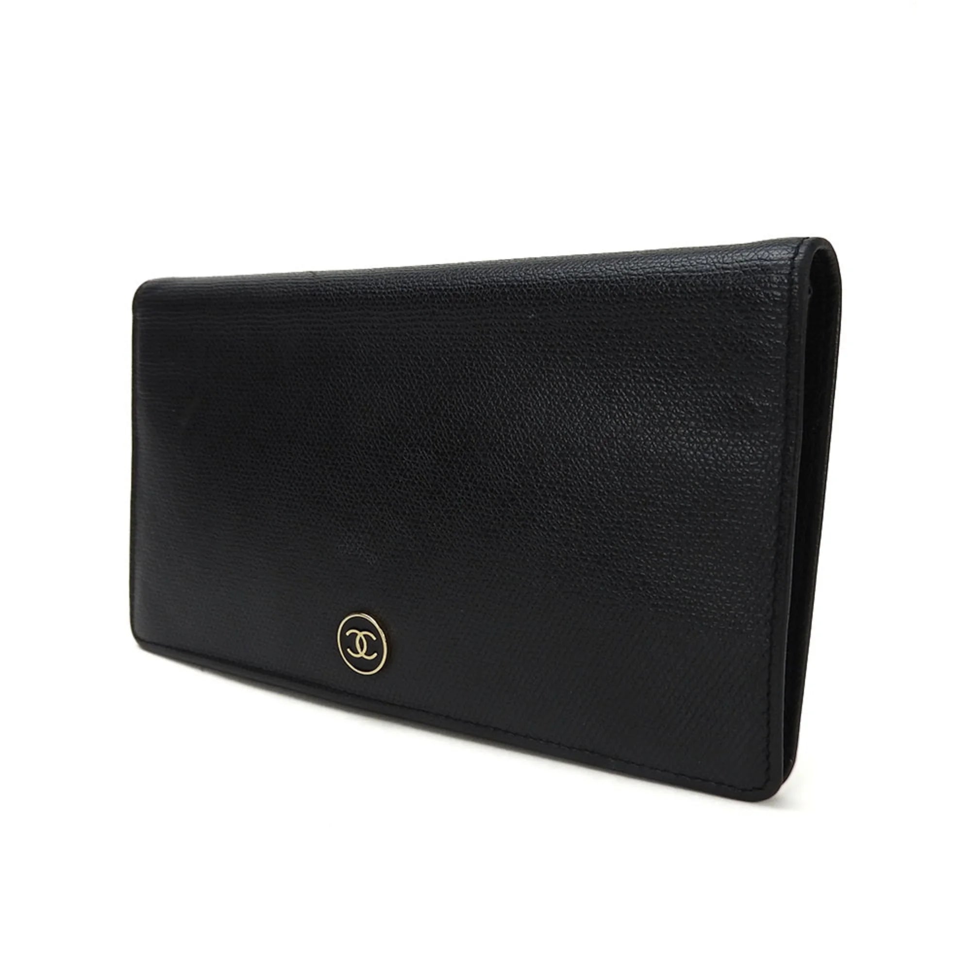 Secondhand CHANEL bifold long wallet A20904 1 Coco button black leather accessories ladies coco (Good)