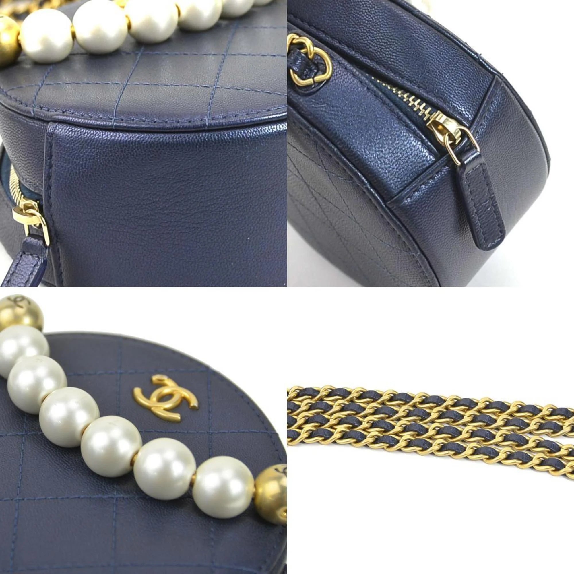Secondhand CHANEL Crossbody Shoulder Bag Pochette Coco Mark Leather/Metal/Fake Pearl Navy/Gold/Off-White Female (Good)