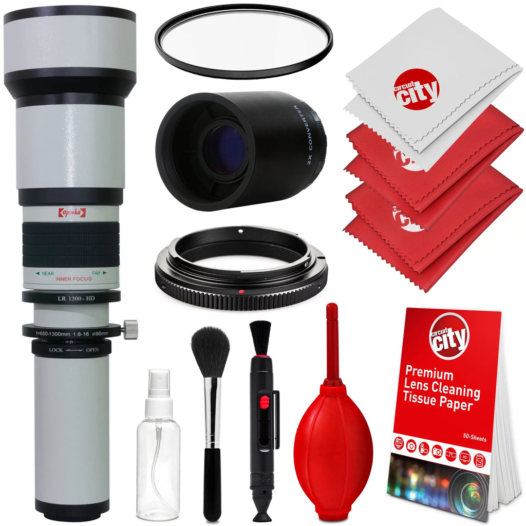 Opteka 650-1300mm (with 2x- 1300-2600mm) f/8 Manual Telephoto Lens + UV for Sony a7r, a7s, a7, a6300, a6000, a5100, a5000, a3000, NEX-7, NEX-6, NEX-5T, 5N, 5R, 3N and other E-Mount Digital SLR Cameras