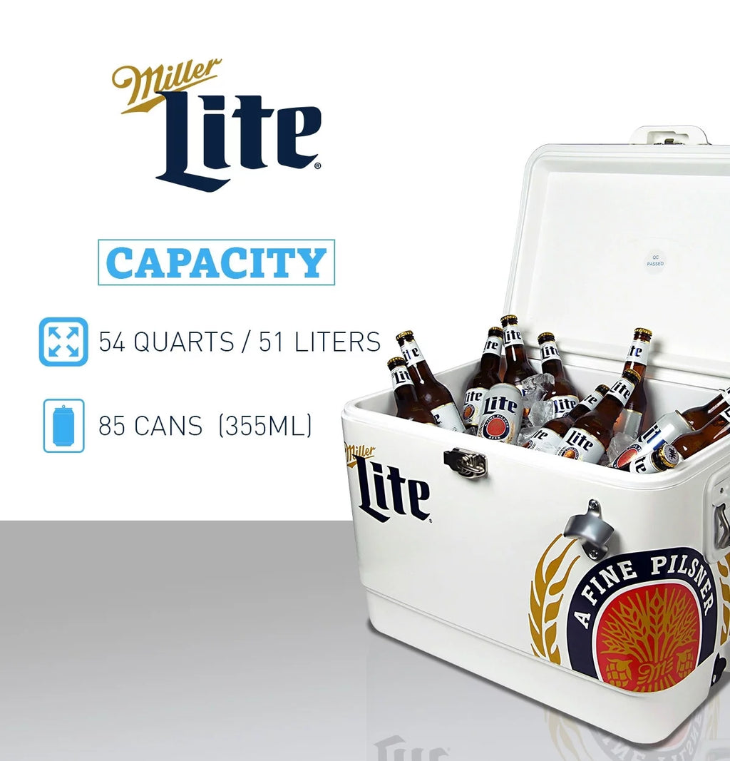 Miller Lite Ice Chest Beverage Cooler with Bottle Opener, 51L (54 QT), 85 Can Metal-belted Portable Cooler, White and Blue, for Camping, Beach, RV, BBQs, Tailgating, Fishing